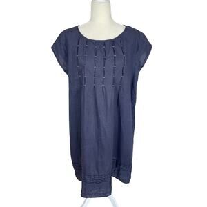 Sundance Linen Pintucked Short Sleeve Shift Dress Blue Sz Large Coastal Cottage